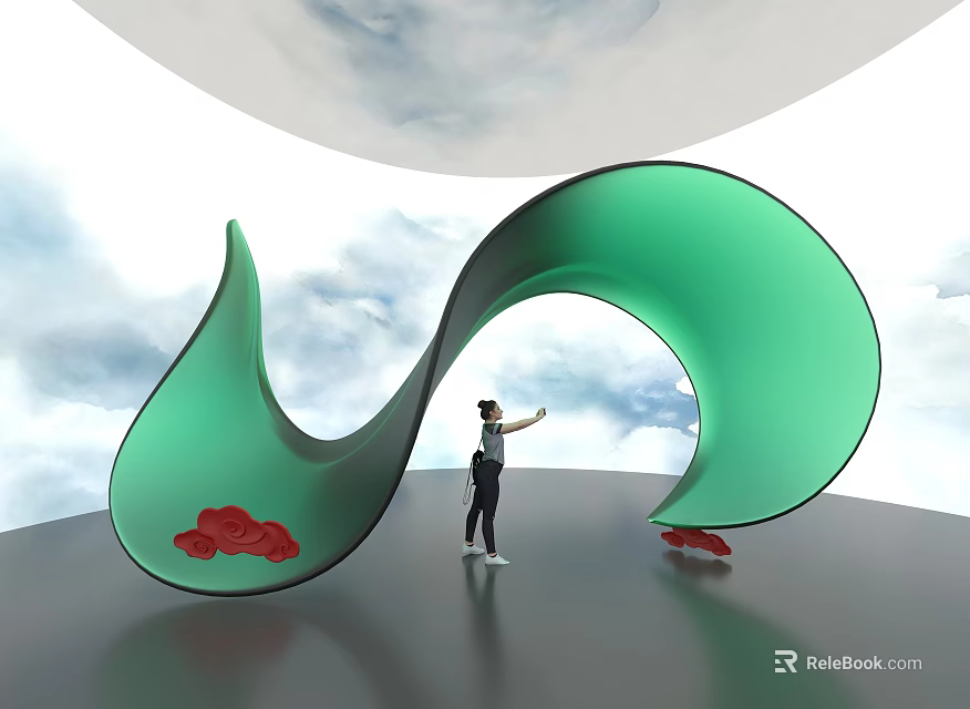 Green Curved Art Installation With Red Cloud Decorations And Person Pointing In Cloudy Sky 3d model 