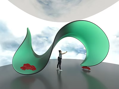 Green Curved Art Installation With Red Cloud Decorations And Person Pointing In Cloudy Sky 3d model