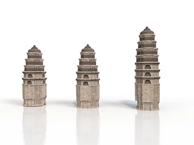 Three Ancient Stone Pagoda Models With Different Heights And Traditional Design 3d model