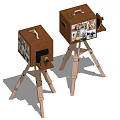 Vintage Cameras Placed on Wooden Tripods with Classic Design and Retro Look
