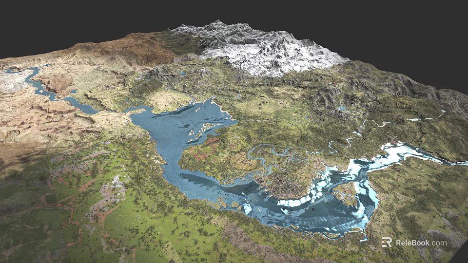 Detailed Micro Terrain Model Featuring Mountains Lakes Green Vegetation And Rivers 3d model 