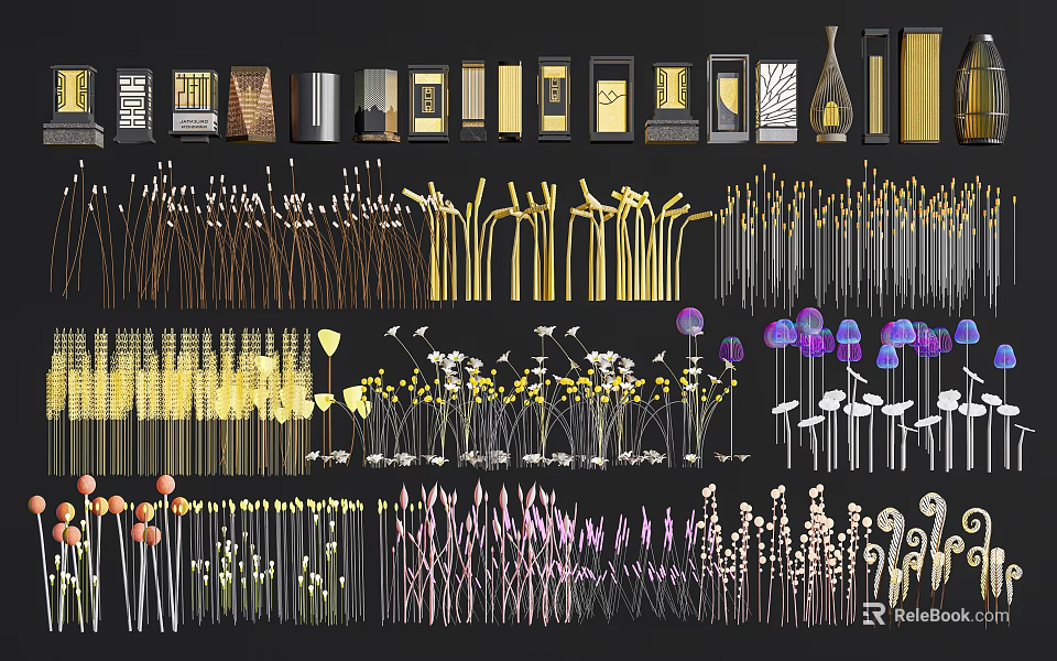 Various Style Outdoor Lights With Decorative Metal Frames And Colorful Design Elements 3d model 