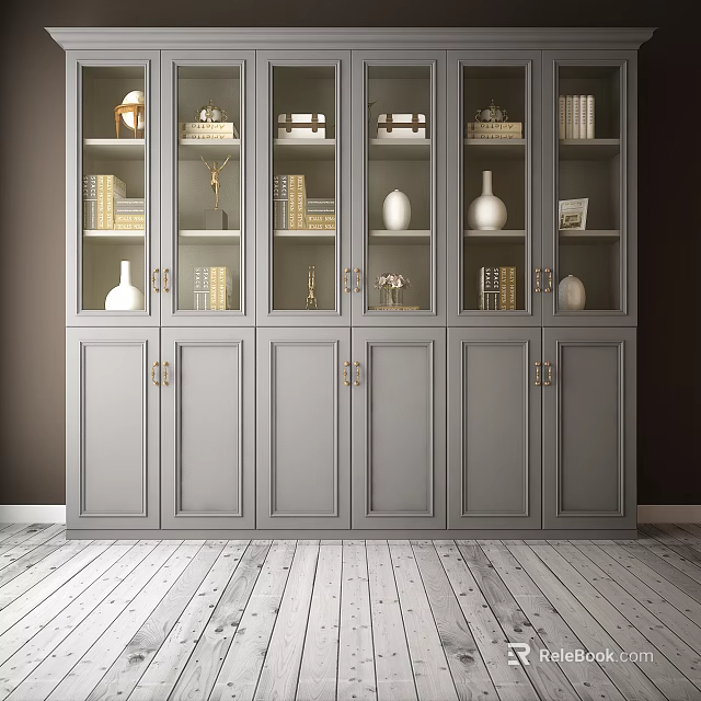 Modern Bookcase Interior Design With Glass Doors Books Decorative Vases And Gold Handles 3d model 