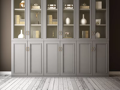 Modern Bookcase Interior Design With Glass Doors Books Decorative Vases And Gold Handles 3d model