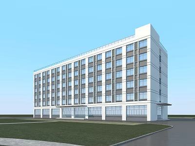 Modern Multi Story School Building With White Exterior Large Windows Green Lawn And Paved Paths 3d model