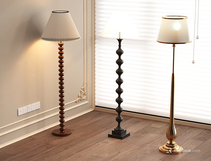 Modern Floor Lamps With Beaded Spiral Bases And Light Pleated Shades 3d model 