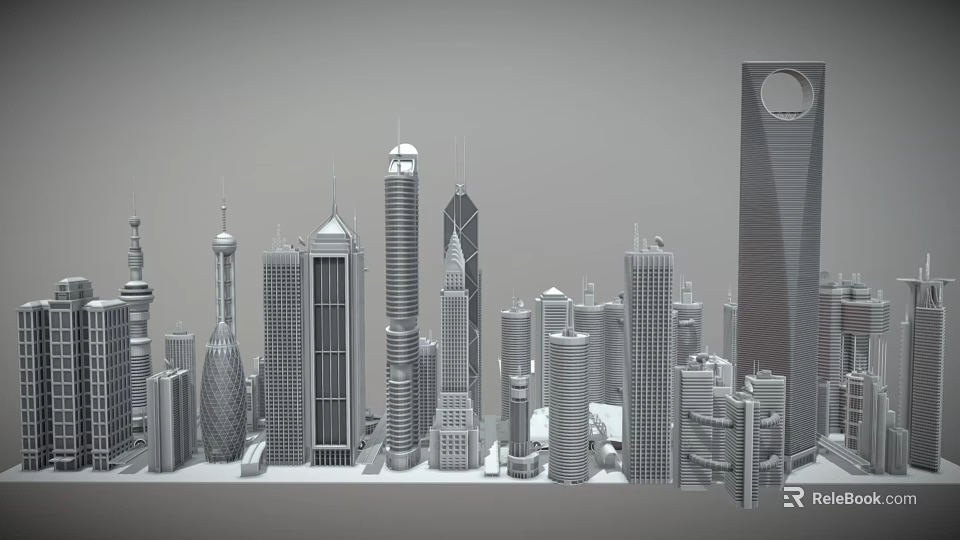 Silver Gray Cityscape With Various Tall Modern Buildings And Skyscrapers 3d model 