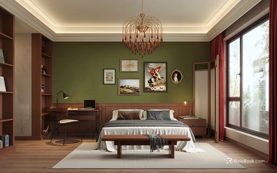 Modern Bedroom Interior With Green Walls Chandelier Bed Desk Red Curtains Rug And Decorative Paintings 3d model 