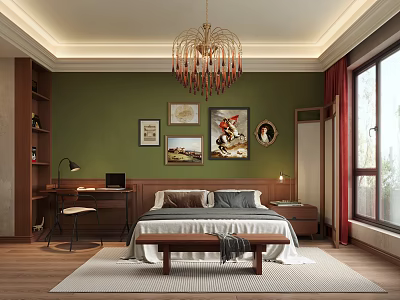 Modern Bedroom Interior With Green Walls Chandelier Bed Desk Red Curtains Rug And Decorative Paintings 3d model