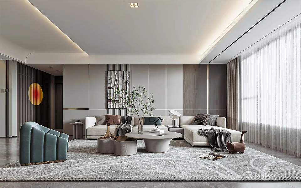 Modern Living Room Interior With Light Gray Sofa Round Coffee Table Green Plant And Area Rug 3d model 