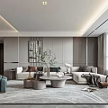 Modern Living Room Interior With Light Gray Sofa Round Coffee Table Green Plant And Area Rug