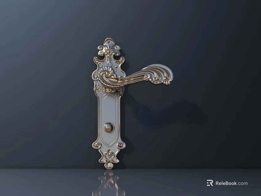 Elegant Ornate Gold Brass Door Handle With Intricate Carved Floral Patterns 3d model 