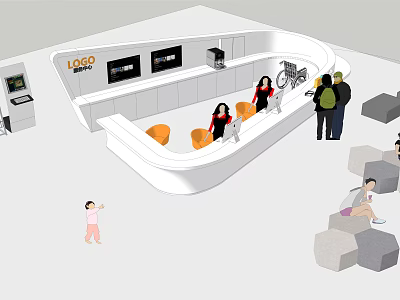 Modern Reception Desk With Company Logo Digital Screens And Seating Area 3d model