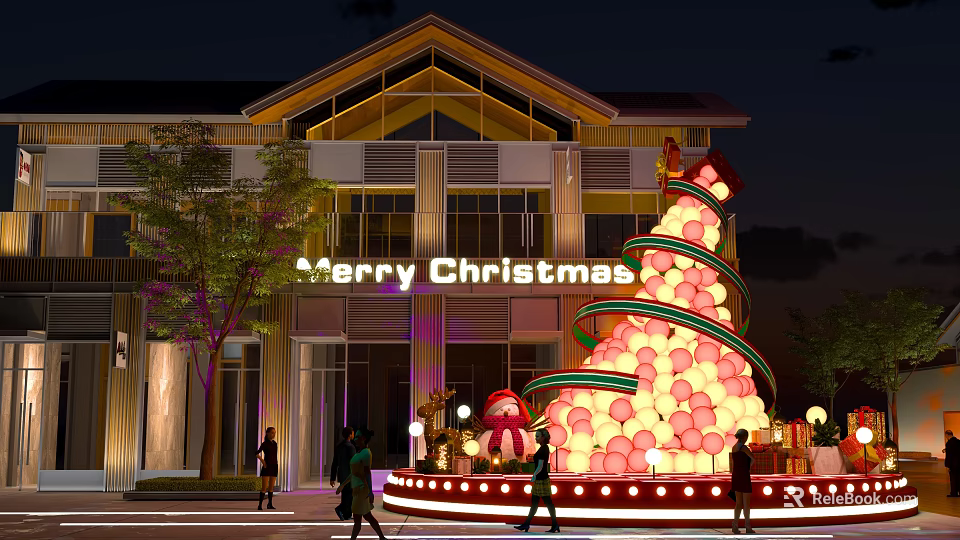 Giant Christmas Tree Balloon Decoration With Gift Boxes And Merry Christmas Sign Outside Building At Night 3d model 