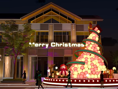 Giant Christmas Tree Balloon Decoration With Gift Boxes And Merry Christmas Sign Outside Building At Night 3d model