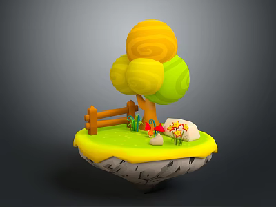 Cartoon Scene Of Floating Island With Colorful Tree Grass Wooden Fence Flowers And Stone 3d model