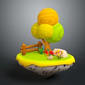 Cartoon Scene Of Floating Island With Colorful Tree Grass Wooden Fence Flowers And Stone