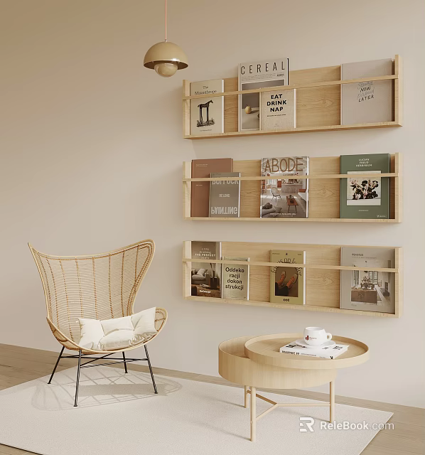 Modern Wooden Bookshelf Interior with Books Rattan Chair and Round Table 3d model 