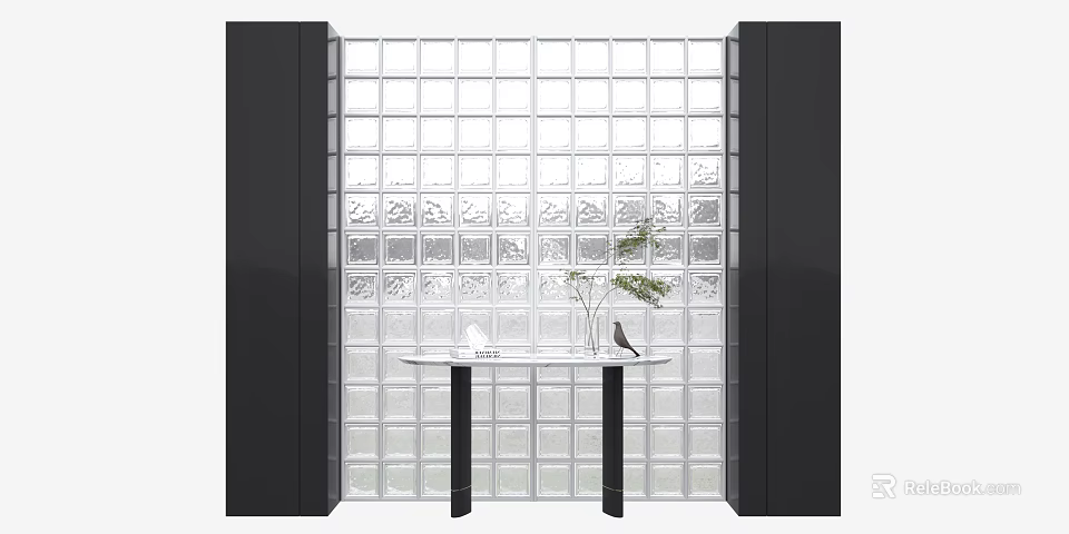 Modern Glass Block Wall with Black Side Panels and Round Table Green Plant Decoration 3d model 
