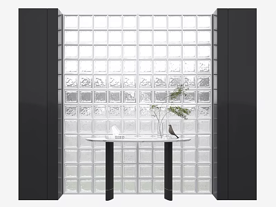 Modern Glass Block Wall with Black Side Panels and Round Table Green Plant Decoration 3d model