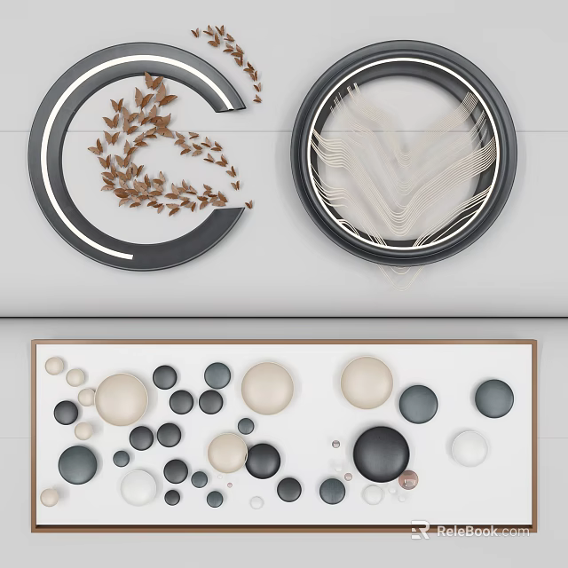 Modern Wall Decor With Circular Leaf And Feather Designs And Rectangular Geometric Circles 3d model