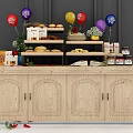 Wooden Display Cabinet Showcasing Pastries Snacks With Colorful Balloons And Flowers