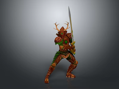 Epic Game Movie Character In Decorative Armor With Antler Helmet Holding Long Sword Green Trim 3d model