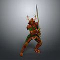 Epic Game Movie Character In Decorative Armor With Antler Helmet Holding Long Sword Green Trim