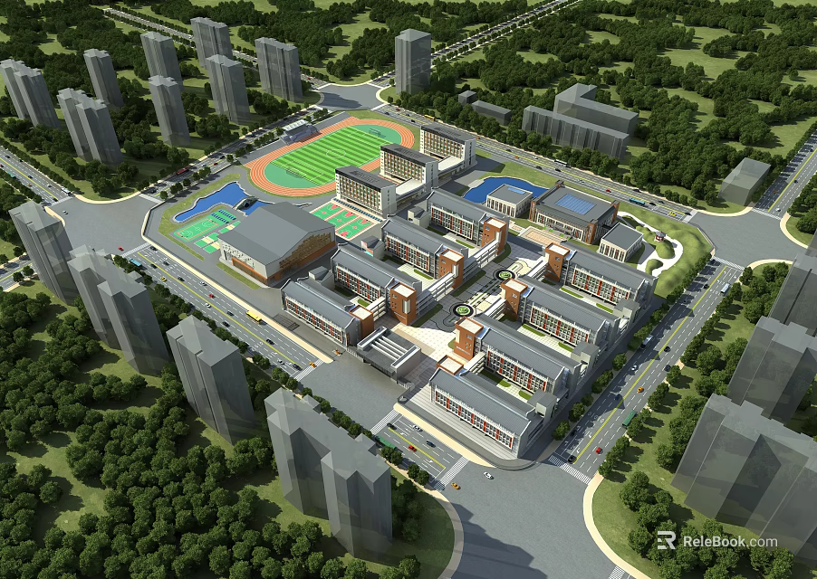 Well Designed School Campus With Academic Buildings Sports Field And Surrounding Greenery 3d model 