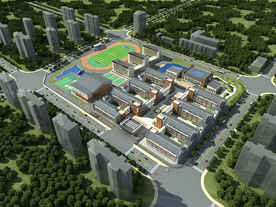 Well Designed School Campus With Academic Buildings Sports Field And Surrounding Greenery 3d model
