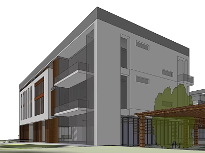 Modern Multi Storey Building With Glass Curtain Wall Balconies Wooden Elements And Green Plants 3d model