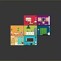 Cartoon Scene Of Colorful Cube Rooms With Various Miniature Furniture And Vibrant Design