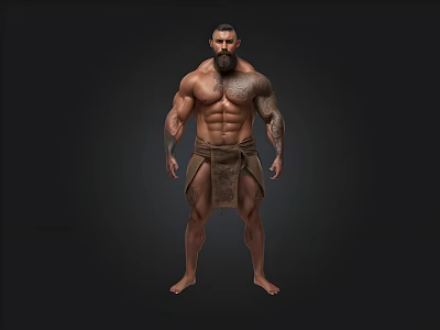 Muscular Bearded Man Standing Shirtless With Loincloth On Black Background 3d model