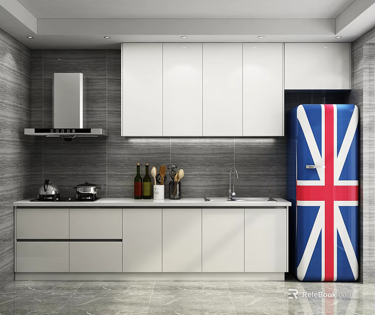Modern Kitchen Interior With White Cabinets Countertop And British Flag Refrigerator 3d model 