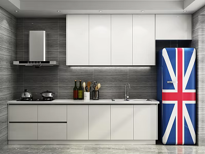 Modern Kitchen Interior With White Cabinets Countertop And British Flag Refrigerator 3d model