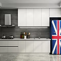 Modern Kitchen Interior With White Cabinets Countertop And British Flag Refrigerator