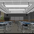 School Classroom With Modern Design Tables Chairs Whiteboards TV Screen And Bright Lighting
