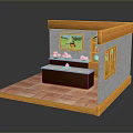Small Shop Interior With Orange Frame Gray Walls Red Tiles Picture On Wall And Counter Items