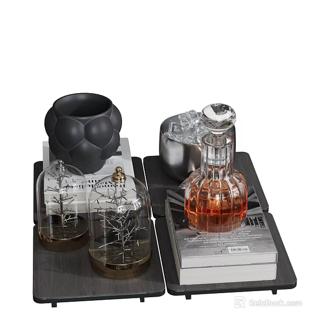 Decorative Ornament Set With Glass Cloche Metal Tree Black Vase Amber Decanter And Stacked Books 3d model 