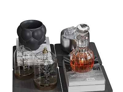 Decorative Ornament Set With Glass Cloche Metal Tree Black Vase Amber Decanter And Stacked Books 3d model