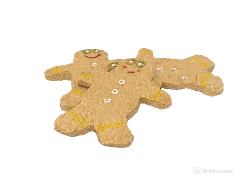 Two Brown Handmade Gingerbread Men Cookies Featuring Yellow Lines Green Eyes And Red Facial Details 3d model 