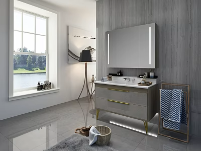 Modern Bright Luxury Bathroom With LED Mirror Cabinet And Gold Accent Vanity Interior Design 3d model