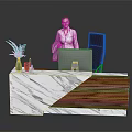 Modern Office Desk With Marble Top Wooden Panel Office Chair Potted Plant And Computer Monitor