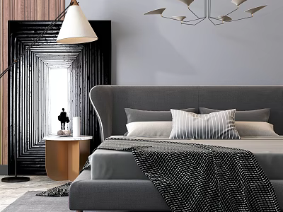 Modern Grey Double Bed with Pillows Patterned Blanket Side Nightstand Floor Lamp Geometric Mirror Chandelier 3d model