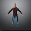 Bald Man Wearing Red Black Striped Shirt Blue Jeans Black Shoes Arms Outstretched Gray Background