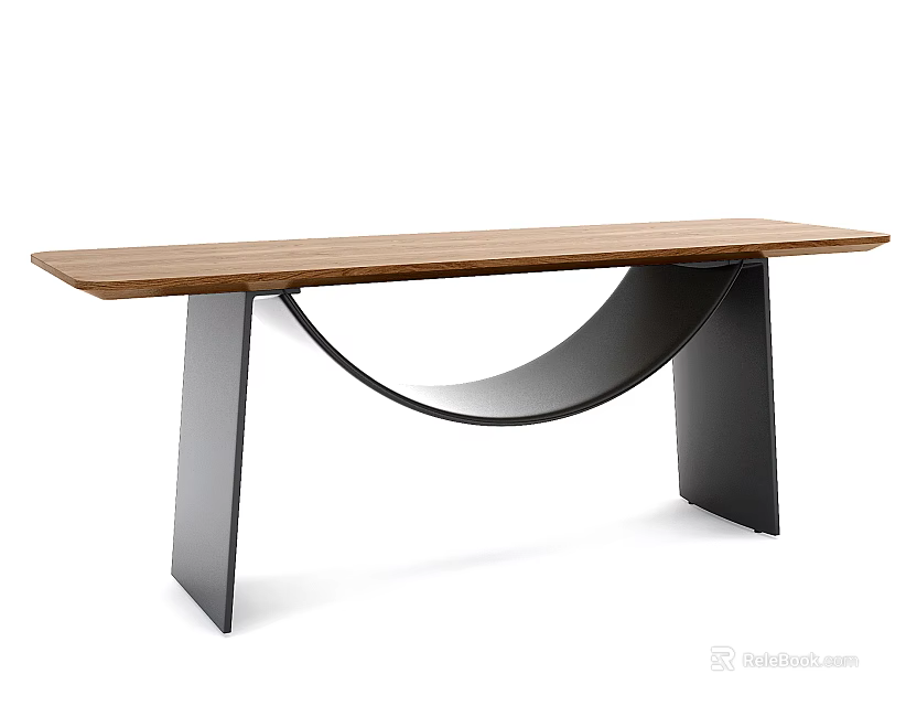 Modern Minimalist Dining Table With Rectangular Wooden Top And Black Metal Curved Legs 3d model 