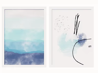 Abstract Watercolor Paintings With Blue Green Tones And Black Line Art For Wall Decor 3d model