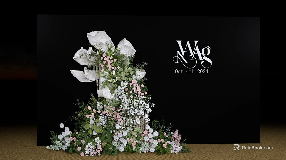 Elegant Floral Installation With White Roses Pink Blooms And Green Foliage 3d model 