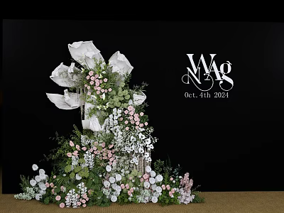 Elegant Floral Installation With White Roses Pink Blooms And Green Foliage 3d model