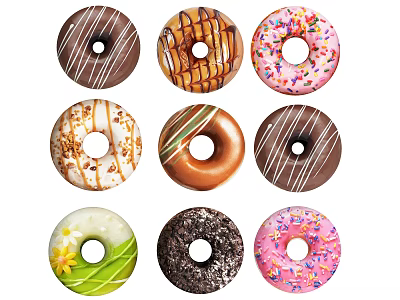 Delicious Colorful Assorted Donuts With Chocolate Drizzle Sprinkles And Fruit Toppings 3d model